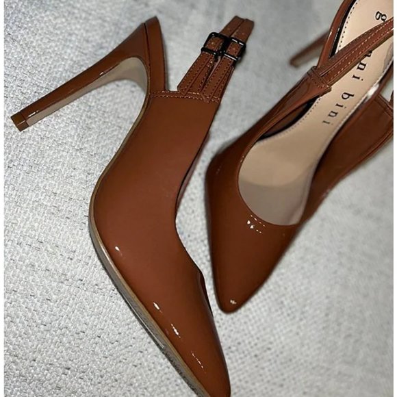 GIANNI BINI Sz. 6 | Kensor Patent Slingback Dress Pumps | Felice Cognac | W. Box - Picture 1 of 10